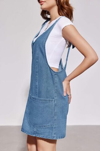 Plnotme Womenslessless Denim Denim Grate V Dress v Neck Summer Mini Jean Dress مع جيوب in Kuwait