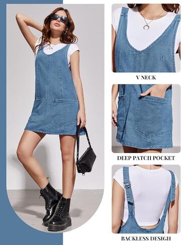 Plnotme Womenslessless Denim Denim Grate V Dress v Neck Summer Mini Jean Dress مع جيوب in Kuwait