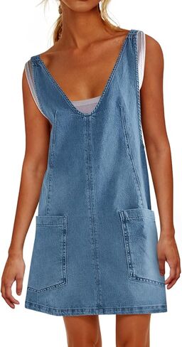 Plnotme Womenslessless Denim Denim Grate V Dress v Neck Summer Mini Jean Dress مع جيوب in Kuwait
