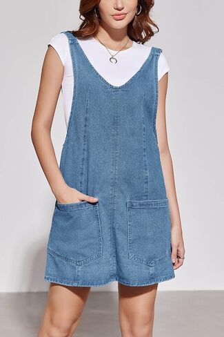 Plnotme Womenslessless Denim Denim Grate V Dress v Neck Summer Mini Jean Dress مع جيوب in Kuwait