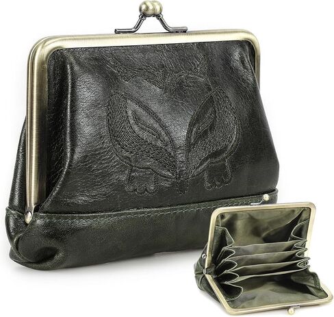 Full Grain Leather Kiss Lock Coin Purse for Women Fox Embroidery Coin Pouch Vintage Kiss Clasp Card Holder Small Change Purse (Dark Green) in Kuwait