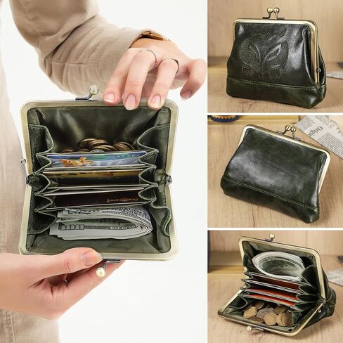 Full Grain Leather Kiss Lock Coin Purse for Women Fox Embroidery Coin Pouch Vintage Kiss Clasp Card Holder Small Change Purse (Dark Green) in Kuwait