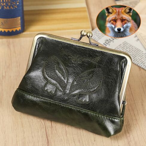 Full Grain Leather Kiss Lock Coin Purse for Women Fox Embroidery Coin Pouch Vintage Kiss Clasp Card Holder Small Change Purse (Dark Green) in Kuwait