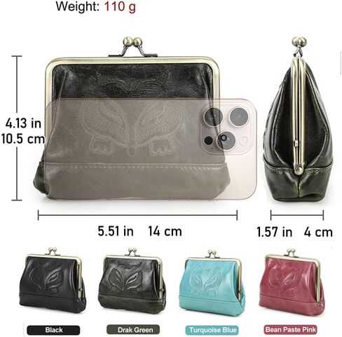 Full Grain Leather Kiss Lock Coin Purse for Women Fox Embroidery Coin Pouch Vintage Kiss Clasp Card Holder Small Change Purse (Dark Green) in Kuwait