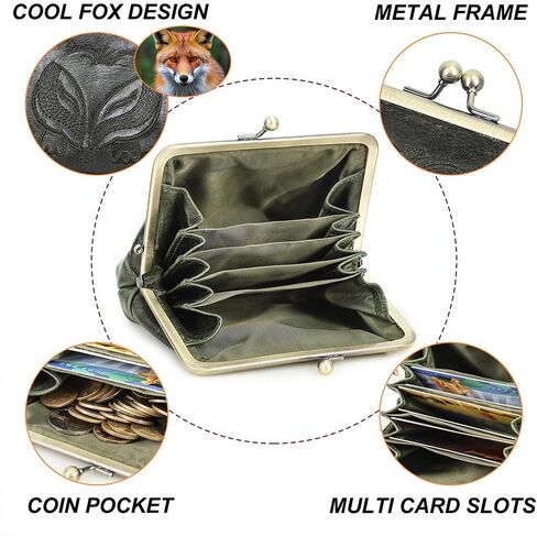 Full Grain Leather Kiss Lock Coin Purse for Women Fox Embroidery Coin Pouch Vintage Kiss Clasp Card Holder Small Change Purse (Dark Green) in Kuwait