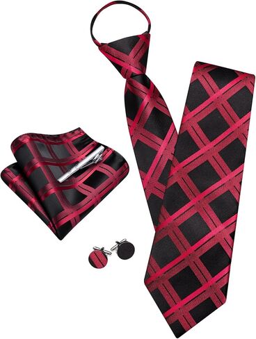 YOHOWA Plaid Men Zipper Necktie Set Extra Long Pre-Tied Tie Clip Set Pocket Square Cufflinks Formal Business Wedding Party in Kuwait