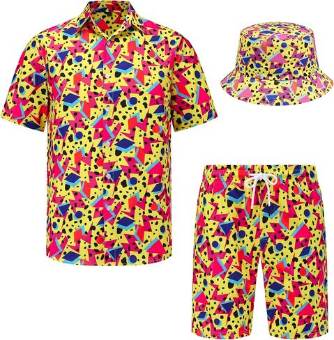 Mens Hawaiian Shirts and Shorts Set 2 Pieces Beach Outfits Summer Vacation Tropical Suit with Bucket Hats in Saudi Arabia