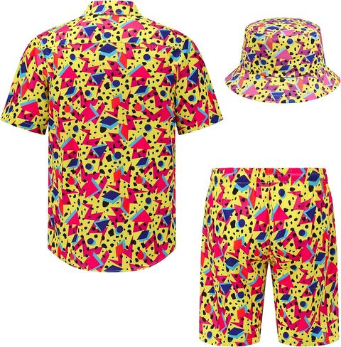 Mens Hawaiian Shirts and Shorts Set 2 Pieces Beach Outfits Summer Vacation Tropical Suit with Bucket Hats in Saudi Arabia