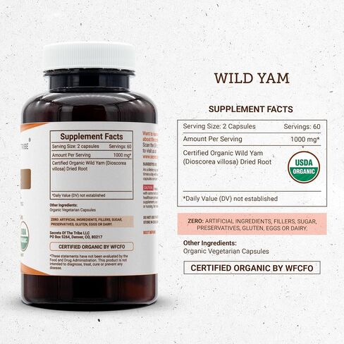 Secrets of the Tribe Wild Yam Capsules 1200 mg Responsibly farmed USDA Organic Wild Yam (Dioscorea Villosa) Dried Root, Hormone Support Supplement (2x120 Capsules) in Saudi Arabia