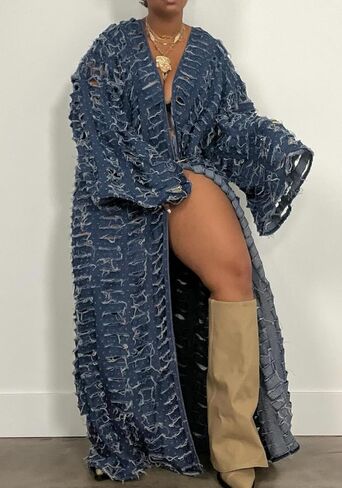 Letsvdo Women Women's Duster Duster Kimono Cardigan الضخمة ذات الحجم الكبير المجوف خارج مقدمة Jean معطف Jean Long Jean in Kuwait