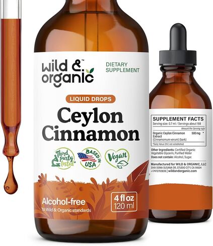 Wild & Organic Ceylon Cinnamon Tincture 500 ملغ - مكملات القرفة السائلة للدعم الكلي - Cinnamomum Verum Bark Extract - نباتي ، خالي من الكحول ، غير المعدلة وراثيًا - 4 أوقية in Kuwait
