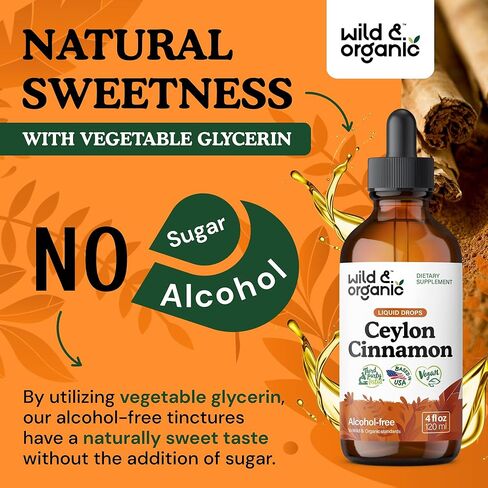 Wild & Organic Ceylon Cinnamon Tincture 500 ملغ - مكملات القرفة السائلة للدعم الكلي - Cinnamomum Verum Bark Extract - نباتي ، خالي من الكحول ، غير المعدلة وراثيًا - 4 أوقية in Kuwait