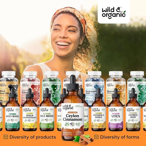 Wild & Organic Ceylon Cinnamon Tincture 500 ملغ - مكملات القرفة السائلة للدعم الكلي - Cinnamomum Verum Bark Extract - نباتي ، خالي من الكحول ، غير المعدلة وراثيًا - 4 أوقية in Kuwait