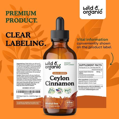 Wild & Organic Ceylon Cinnamon Tincture 500 ملغ - مكملات القرفة السائلة للدعم الكلي - Cinnamomum Verum Bark Extract - نباتي ، خالي من الكحول ، غير المعدلة وراثيًا - 4 أوقية in Kuwait