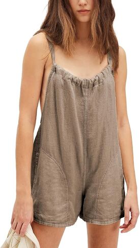 Women Linen Overalls Romper Casual Sleeveless Adjustable Tie Strap Overall Shorts Summer Beach Outfits with Pockets in Saudi Arabia