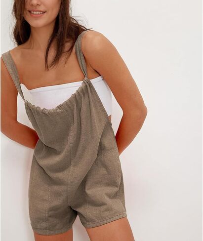 Women Linen Overalls Romper Casual Sleeveless Adjustable Tie Strap Overall Shorts Summer Beach Outfits with Pockets in Saudi Arabia