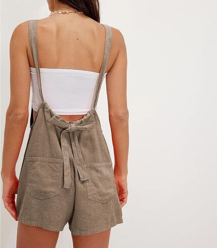 Women Linen Overalls Romper Casual Sleeveless Adjustable Tie Strap Overall Shorts Summer Beach Outfits with Pockets in Saudi Arabia