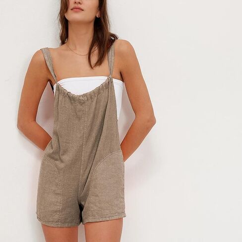 Women Linen Overalls Romper Casual Sleeveless Adjustable Tie Strap Overall Shorts Summer Beach Outfits with Pockets in Saudi Arabia
