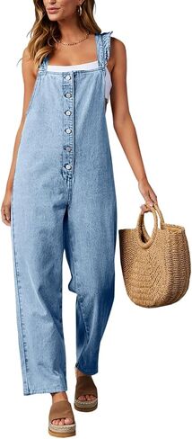 Tongmingyun Women's Loose Denim Overalls Jumpsuits Ruffle Sleeve Button Down Straight Leg Jeans Long Rompers in Saudi Arabia