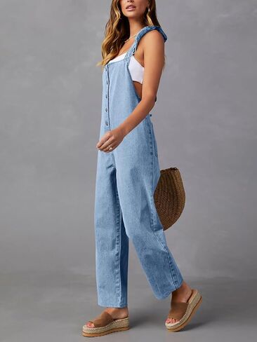 Tongmingyun Women's Loose Denim Overalls Jumpsuits Ruffle Sleeve Button Down Straight Leg Jeans Long Rompers in Saudi Arabia