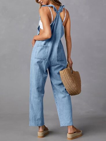 Tongmingyun Women's Loose Denim Overalls Jumpsuits Ruffle Sleeve Button Down Straight Leg Jeans Long Rompers in Saudi Arabia