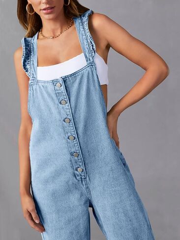 Tongmingyun Women's Loose Denim Overalls Jumpsuits Ruffle Sleeve Button Down Straight Leg Jeans Long Rompers in Saudi Arabia