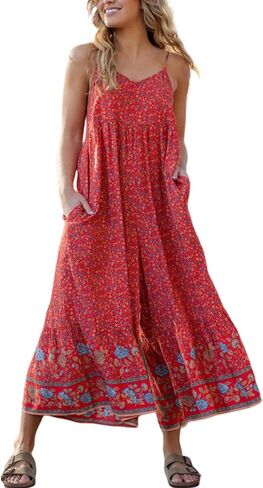 Himosyber Women's Summer Boho Jumpsuits Casual Wide Leg Bib Overalls Floral Print Rompers with Pockets in Kuwait