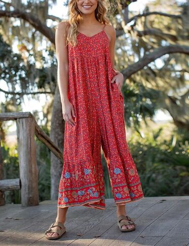 Himosyber Women's Summer Boho Jumpsuits Casual Wide Leg Bib Overalls Floral Print Rompers with Pockets in Kuwait
