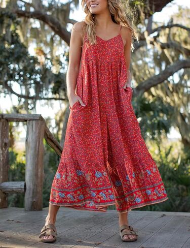 Himosyber Women's Summer Boho Jumpsuits Casual Wide Leg Bib Overalls Floral Print Rompers with Pockets in Kuwait