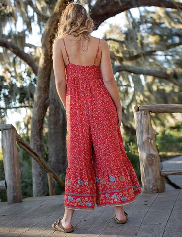 Himosyber Women's Summer Boho Jumpsuits Casual Wide Leg Bib Overalls Floral Print Rompers with Pockets in Kuwait