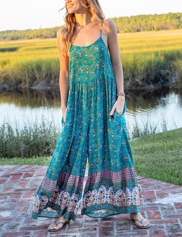 Himosyber Women's Summer Boho Jumpsuits Casual Wide Leg Bib Overalls Floral Print Rompers with Pockets in Kuwait