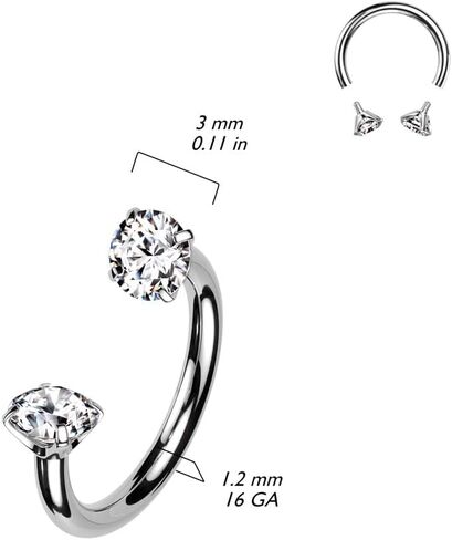 Pierced Owl 16GA ASTM F-136 Implant Grade Titanium Internally Threaded Prong Set CZ Crystal Ends Horseshoe Circular Barbell in Kuwait