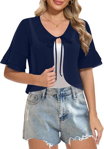 Women Shrug Chiffon Bolero Ruffle Short Sleeve Summer Tie Front Sheer Cardigans for Dresses in Kuwait