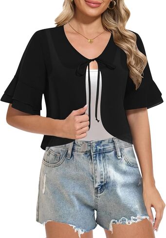 Women Shrug Chiffon Bolero Ruffle Short Sleeve Summer Tie Front Sheer Cardigans for Dresses in Kuwait