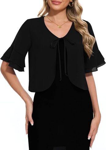 Women Shrug Chiffon Bolero Ruffle Short Sleeve Summer Tie Front Sheer Cardigans for Dresses in Kuwait
