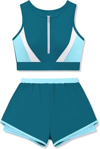 Girls Swimsuit Color Block Zipper Front 2 Piece Bathing Suit with Liner Bodyshort Sporty Girls' Swimwear 9-16T in Kuwait