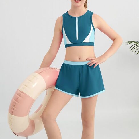 Girls Swimsuit Color Block Zipper Front 2 Piece Bathing Suit with Liner Bodyshort Sporty Girls' Swimwear 9-16T in Kuwait