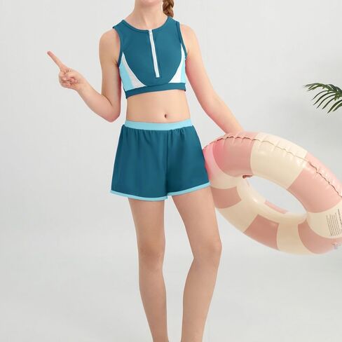 Girls Swimsuit Color Block Zipper Front 2 Piece Bathing Suit with Liner Bodyshort Sporty Girls' Swimwear 9-16T in Kuwait