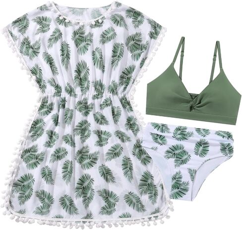 Girls Swimsuit 3 Piece Bikini Set Cute Bathing Suit with Tropical Print Cover Up Girl Swimwear for 8-16 Years in Saudi Arabia