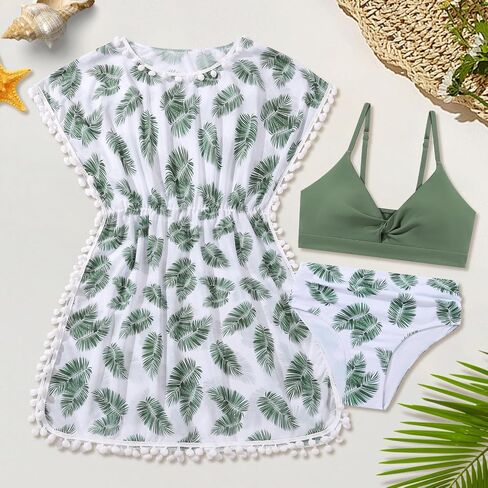 Girls Swimsuit 3 Piece Bikini Set Cute Bathing Suit with Tropical Print Cover Up Girl Swimwear for 8-16 Years in Saudi Arabia