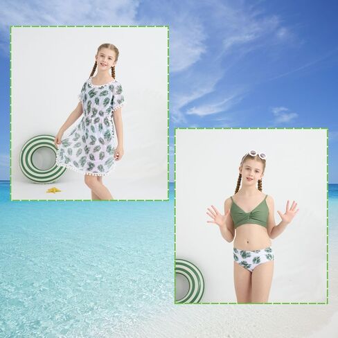 Girls Swimsuit 3 Piece Bikini Set Cute Bathing Suit with Tropical Print Cover Up Girl Swimwear for 8-16 Years in Saudi Arabia