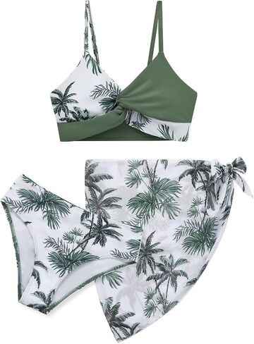 Weixinbuy Girl's 3 Piece Girls Swimsuit ، v-neck twist cross bikini مجموعة ملابس السباحة 9-16y بدلة سباحة في سن المراهقة مع تنورة تستر in Kuwait