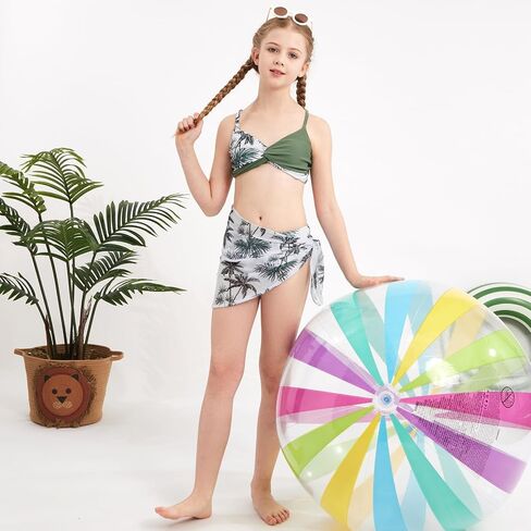 Weixinbuy Girl's 3 Piece Girls Swimsuit ، v-neck twist cross bikini مجموعة ملابس السباحة 9-16y بدلة سباحة في سن المراهقة مع تنورة تستر in Kuwait