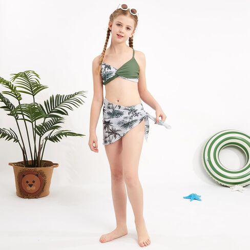 Weixinbuy Girl's 3 Piece Girls Swimsuit ، v-neck twist cross bikini مجموعة ملابس السباحة 9-16y بدلة سباحة في سن المراهقة مع تنورة تستر in Kuwait