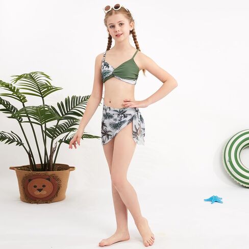Weixinbuy Girl's 3 Piece Girls Swimsuit ، v-neck twist cross bikini مجموعة ملابس السباحة 9-16y بدلة سباحة في سن المراهقة مع تنورة تستر in Kuwait