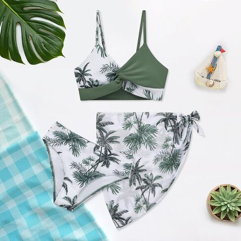 Weixinbuy Girl's 3 Piece Girls Swimsuit ، v-neck twist cross bikini مجموعة ملابس السباحة 9-16y بدلة سباحة في سن المراهقة مع تنورة تستر in Kuwait