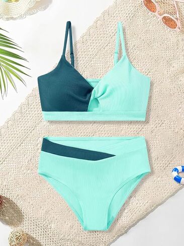 Girls Swimsuit Color Block Twist Bathing Bikini Suit Adjustable Straps Girls 2 Piece Swimsuit 7-14 Years in Saudi Arabia