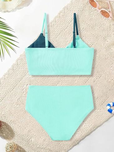 Girls Swimsuit Color Block Twist Bathing Bikini Suit Adjustable Straps Girls 2 Piece Swimsuit 7-14 Years in Saudi Arabia