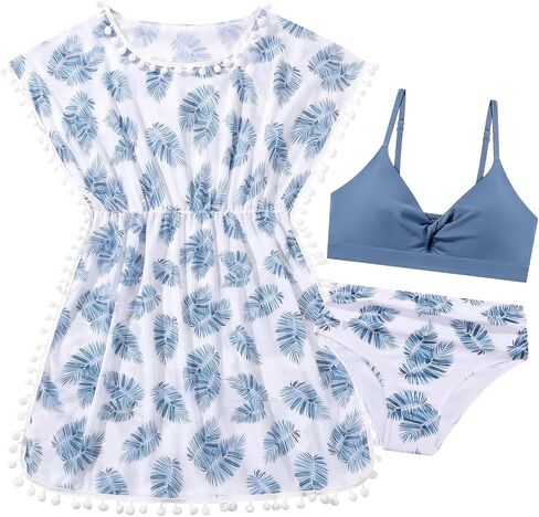 Girls Swimsuit 3 Piece Bikini Set Cute Bathing Suit with Tropical Print Cover Up Girl Swimwear for 8-16 Years in Saudi Arabia