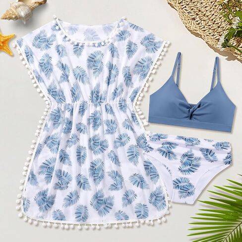 Girls Swimsuit 3 Piece Bikini Set Cute Bathing Suit with Tropical Print Cover Up Girl Swimwear for 8-16 Years in Saudi Arabia